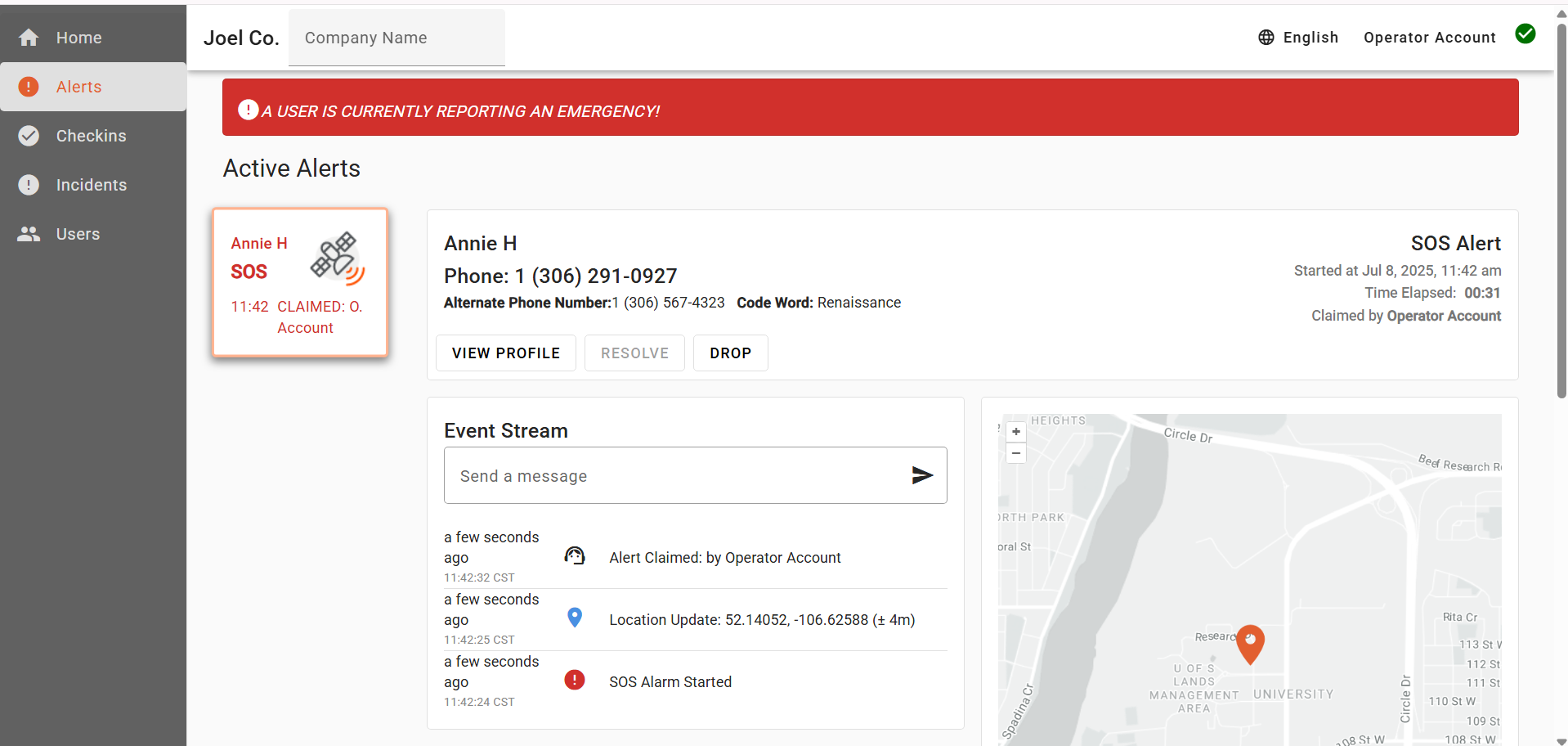 The Command Center dashboard showing an active SOS alert: the alert queue on the left, the worker's contact details and response actions in the centre, and the event stream and live location map below