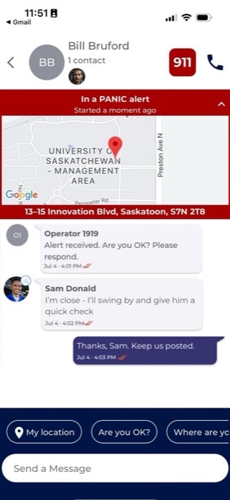 Alert feed screen showing location and team messages