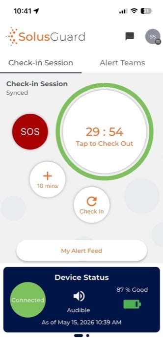 Check-in session screen with SOS button and countdown timer