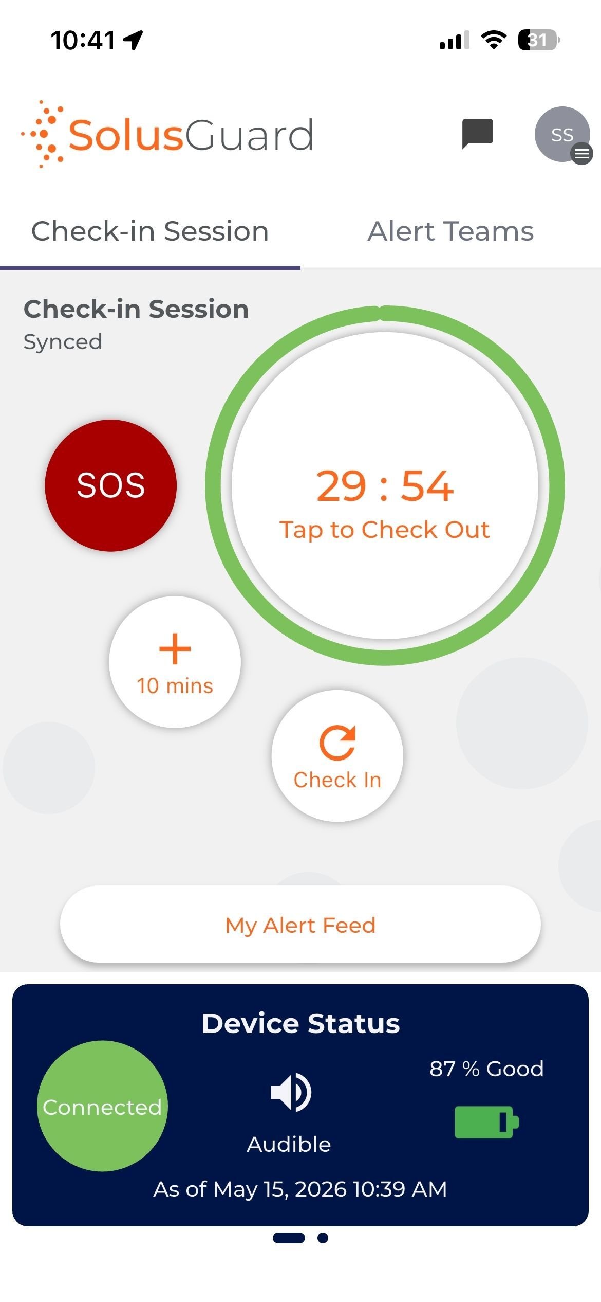 SolusGuard app with a check-in session running, showing the location arrow in the status bar