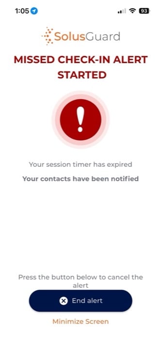 Missed check-in alert screen