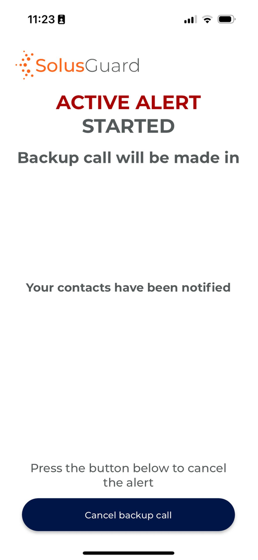 SolusGuard app: active alert started, backup call countdown running