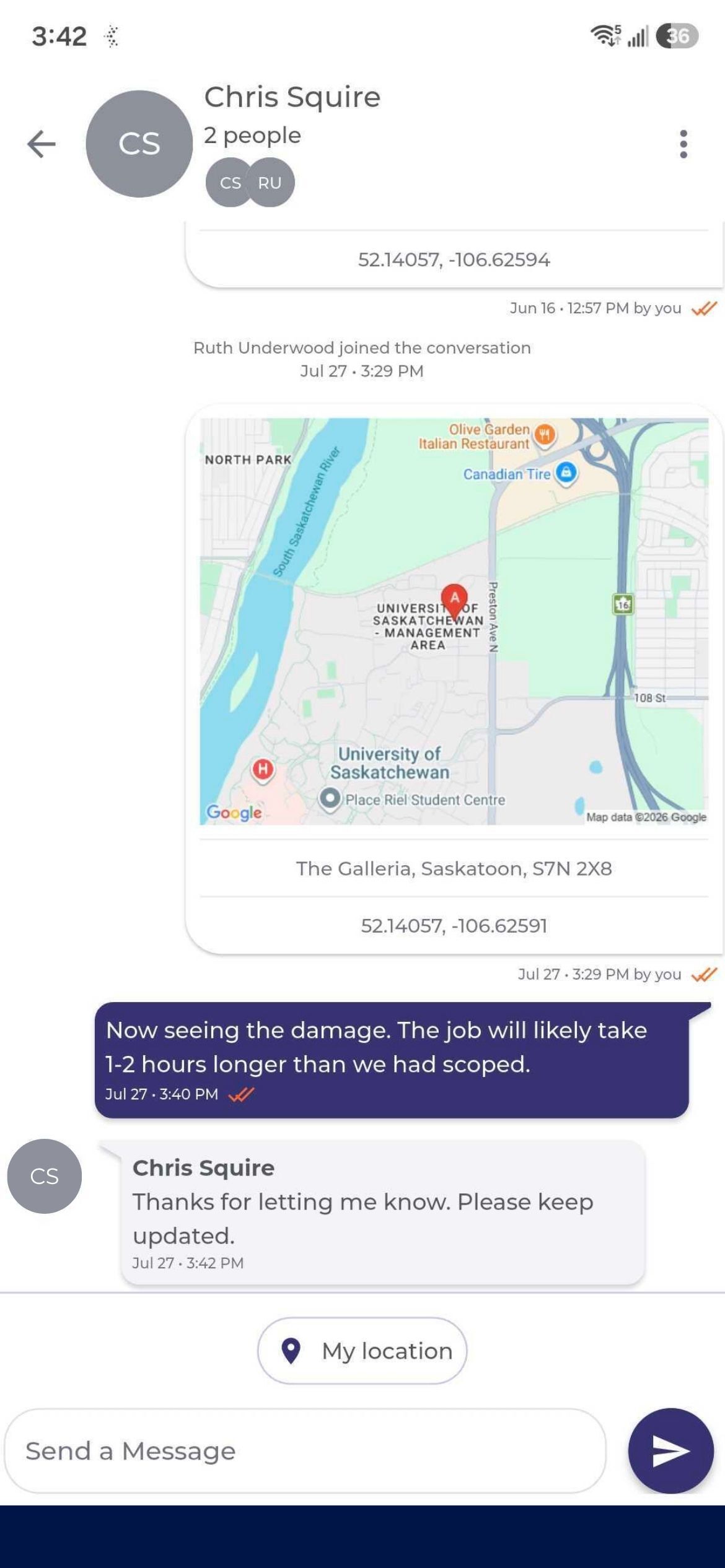 A direct message thread between two coworkers sharing a location