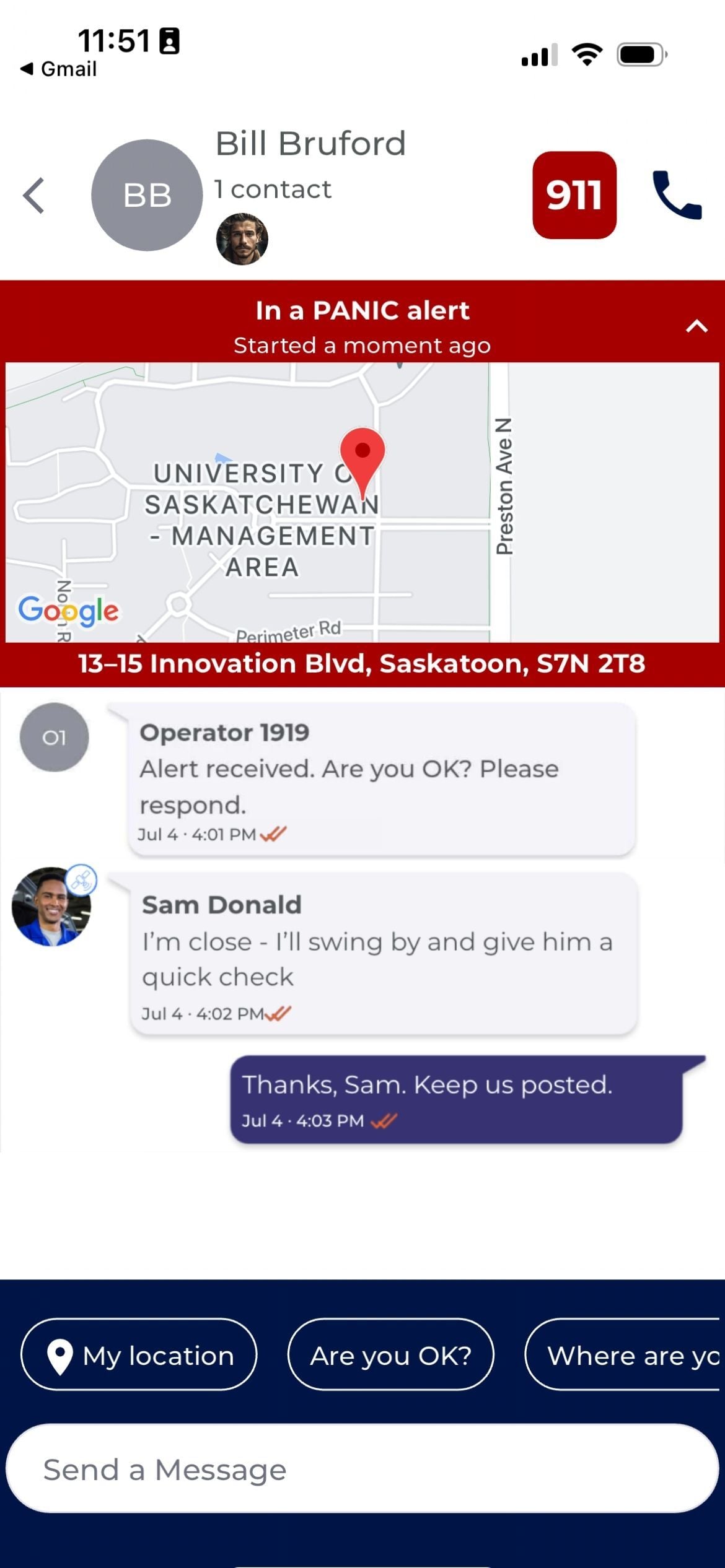 Alert feed showing the employee's emergency contacts, the alert type, live location, a monitoring operator message, a coworker offering to respond, and the check-in details behind the alert