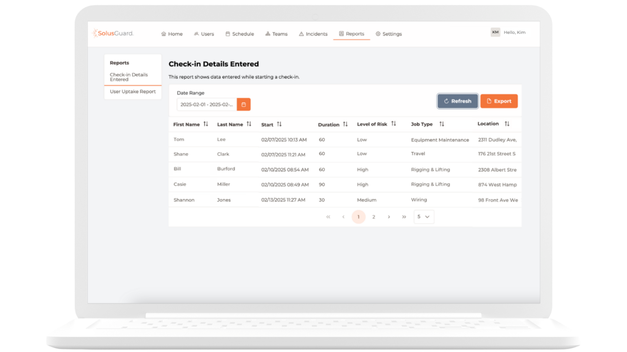 Compliance dashboard showing a report of check-in details entered by staff