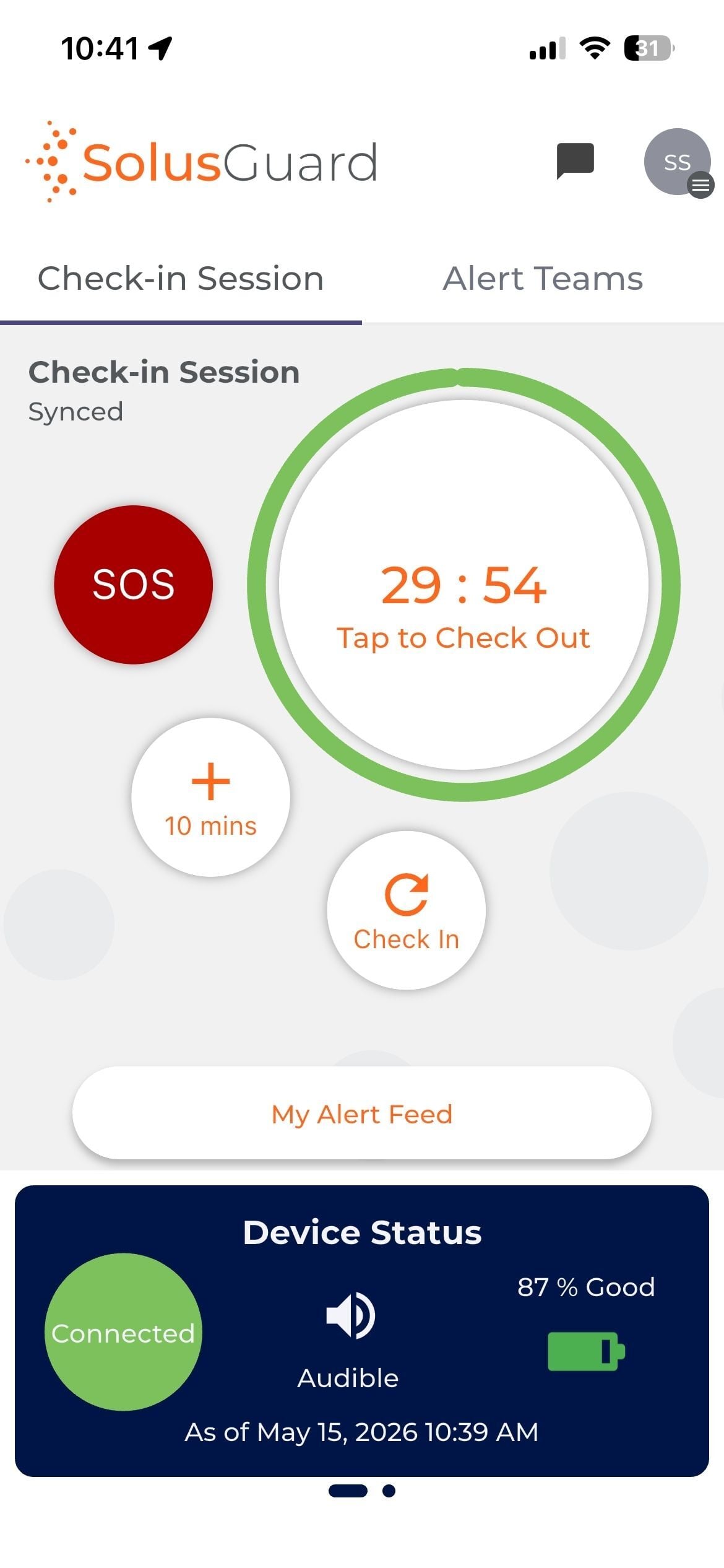 SolusGuard app with a check-in session running, showing the location arrow in the status bar