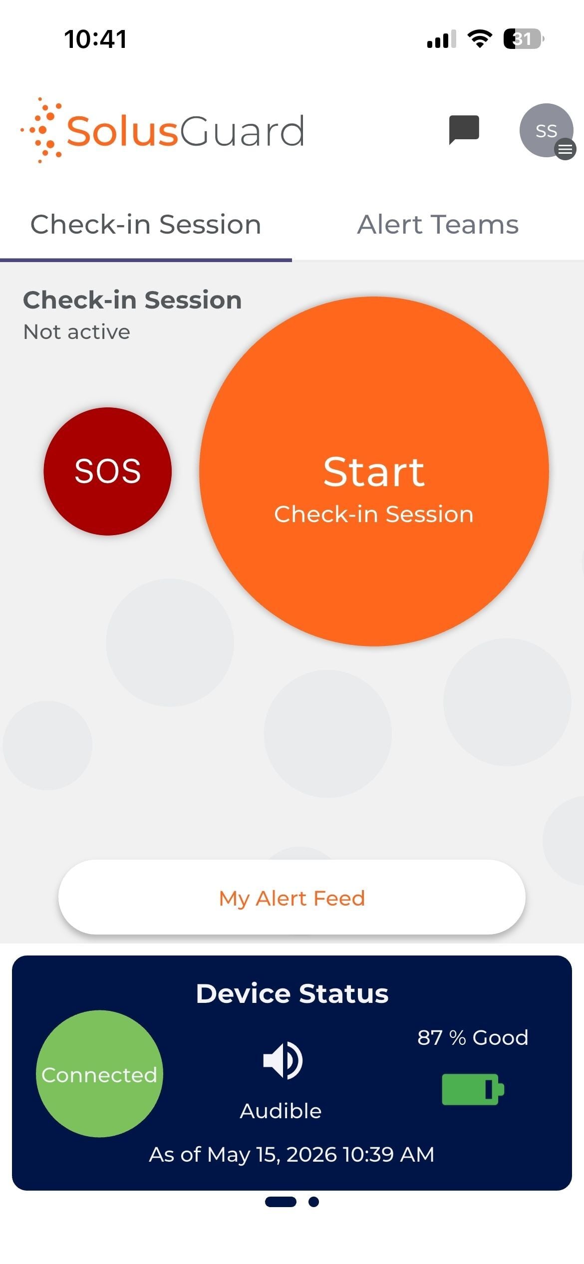 SolusGuard app with no check-in session running and no location arrow in the status bar