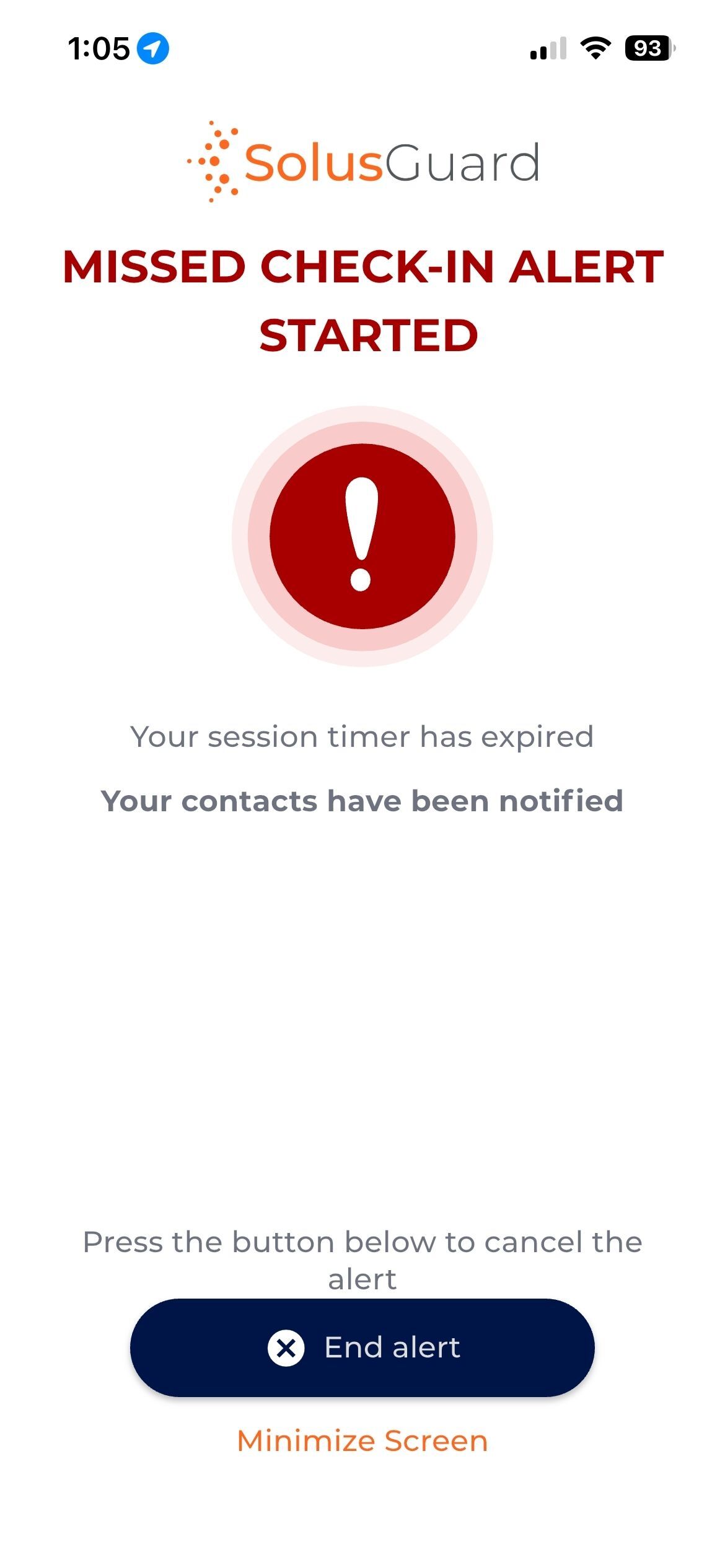 Missed check-in alert screen
